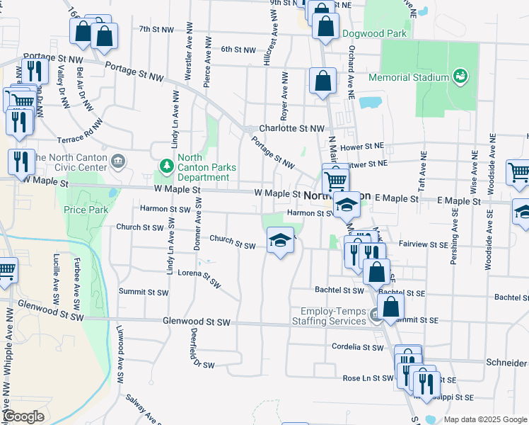 map of restaurants, bars, coffee shops, grocery stores, and more near 409 Harmon Street Southwest in North Canton