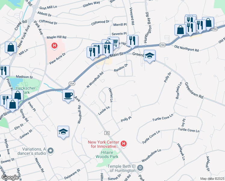 map of restaurants, bars, coffee shops, grocery stores, and more near 1 Elvira Court in Huntington