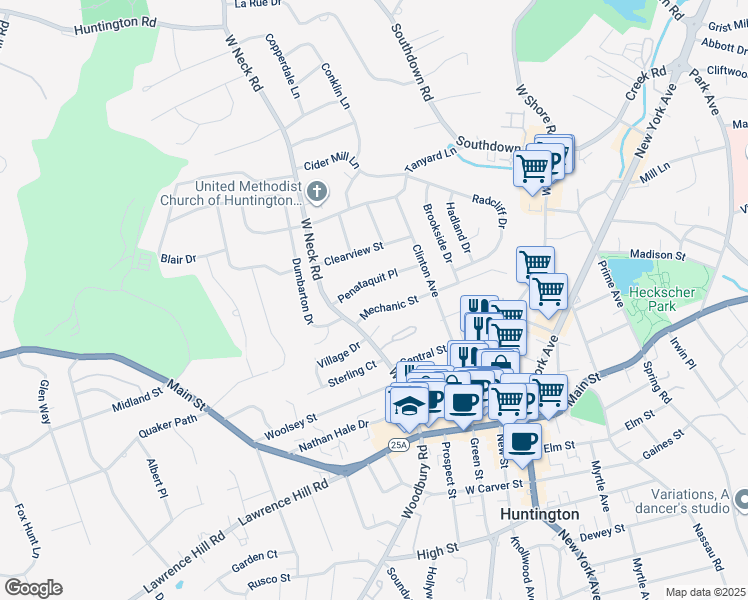 map of restaurants, bars, coffee shops, grocery stores, and more near 25 Mechanic Street in Huntington