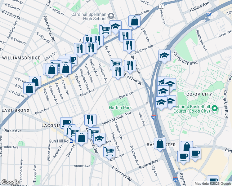 map of restaurants, bars, coffee shops, grocery stores, and more near 3202 Bruner Avenue in Bronx