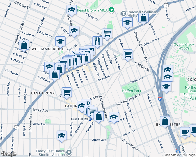 map of restaurants, bars, coffee shops, grocery stores, and more near 3300 Eastchester Road in Bronx