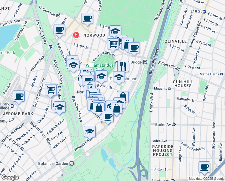 map of restaurants, bars, coffee shops, grocery stores, and more near 3216 Perry Avenue in The Bronx