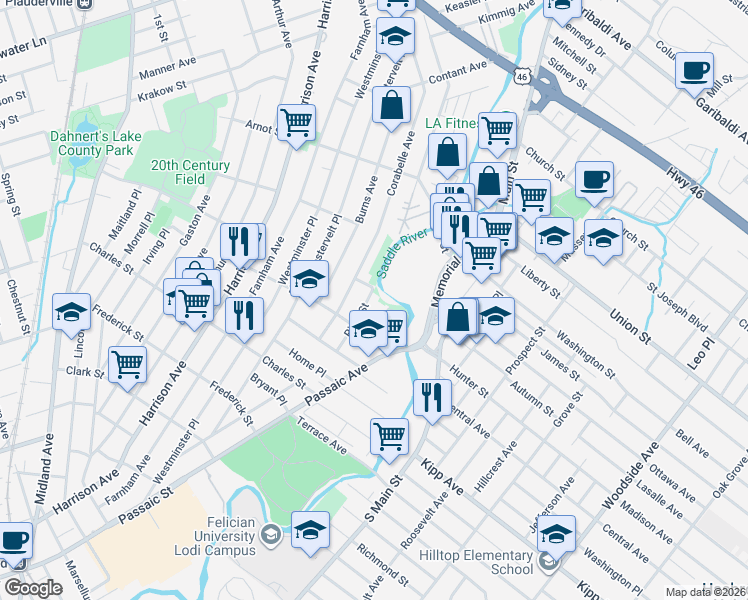 map of restaurants, bars, coffee shops, grocery stores, and more near 45 River Street in Lodi