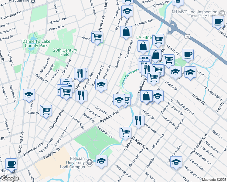 map of restaurants, bars, coffee shops, grocery stores, and more near 45 River Street in Lodi
