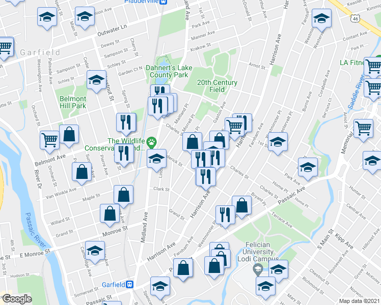 map of restaurants, bars, coffee shops, grocery stores, and more near 78 Gaston Avenue in Garfield