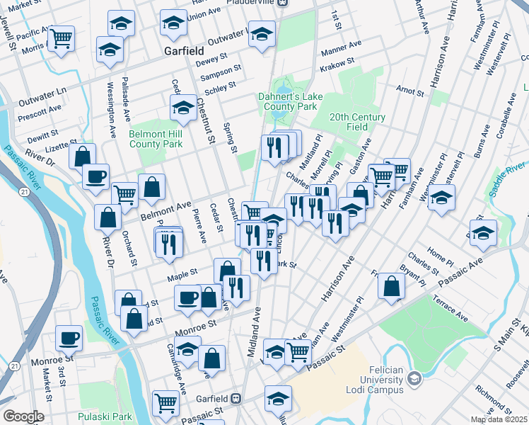 map of restaurants, bars, coffee shops, grocery stores, and more near 325 Midland Avenue in Garfield