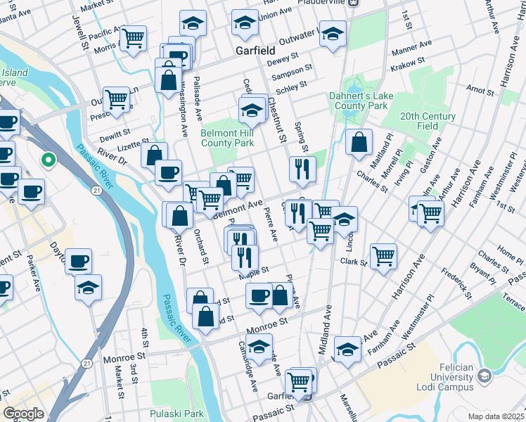 map of restaurants, bars, coffee shops, grocery stores, and more near 52 Summit Avenue in Garfield