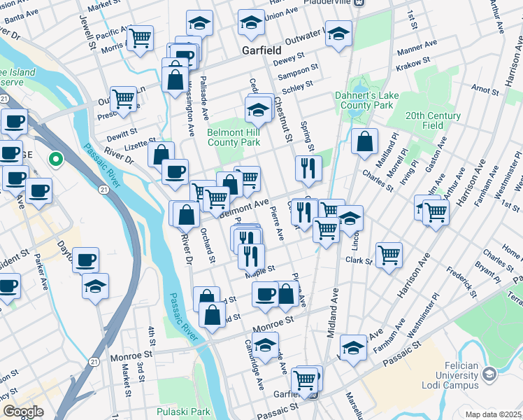 map of restaurants, bars, coffee shops, grocery stores, and more near 52 Summit Avenue in Garfield