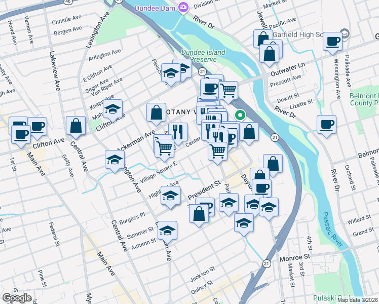 map of restaurants, bars, coffee shops, grocery stores, and more near 80 Lake Avenue in Clifton