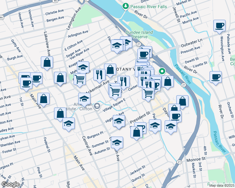 map of restaurants, bars, coffee shops, grocery stores, and more near 75 Center Street in Clifton