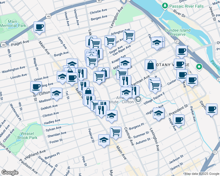 map of restaurants, bars, coffee shops, grocery stores, and more near 31 East Madison Avenue in Clifton
