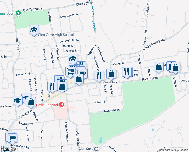 map of restaurants, bars, coffee shops, grocery stores, and more near 4 Driftwood Drive in Glen Cove