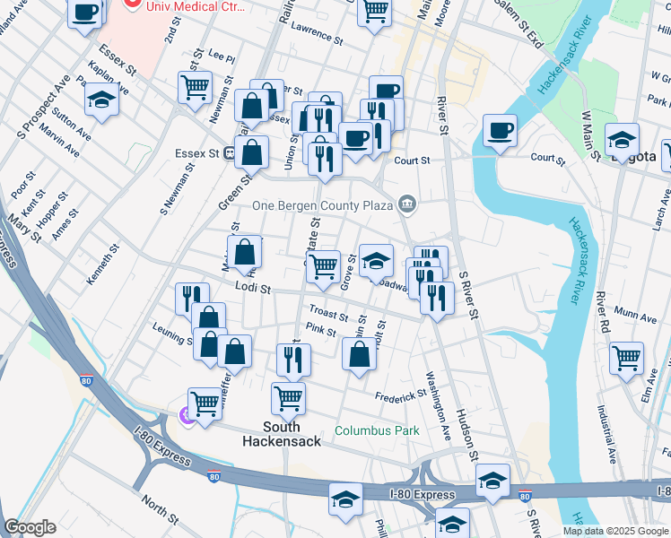 map of restaurants, bars, coffee shops, grocery stores, and more near 99 Fair Street in Hackensack