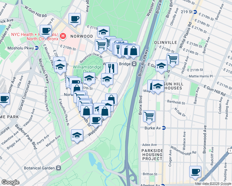 map of restaurants, bars, coffee shops, grocery stores, and more near 3249 Parkside Place in Bronx
