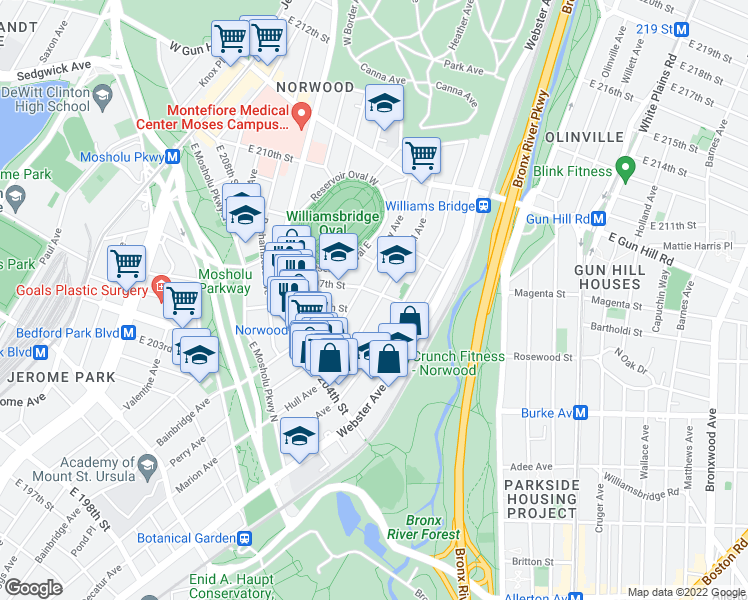 map of restaurants, bars, coffee shops, grocery stores, and more near 3235 Hull Avenue in Bronx