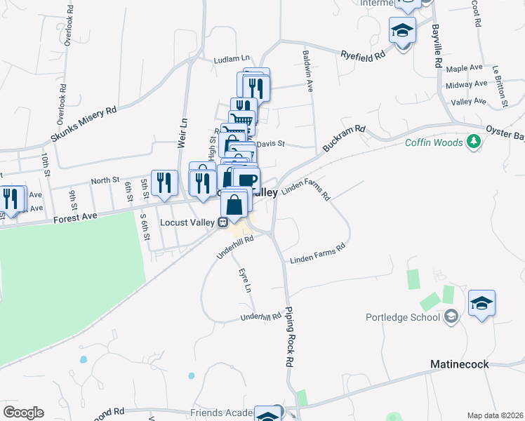 map of restaurants, bars, coffee shops, grocery stores, and more near 8 Tunnel Street in Locust Valley