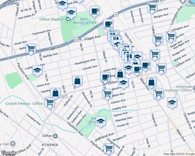 map of restaurants, bars, coffee shops, grocery stores, and more near 180 Harding Avenue in Clifton