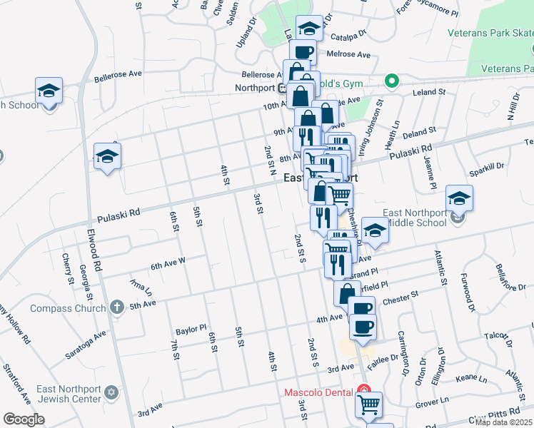 map of restaurants, bars, coffee shops, grocery stores, and more near 540 3rd Street in East Northport