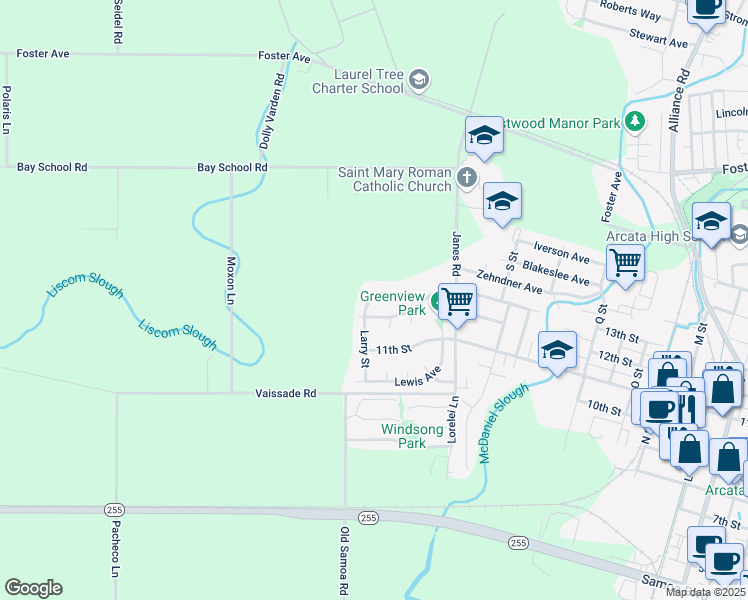 map of restaurants, bars, coffee shops, grocery stores, and more near 2125 Frederick Avenue in Arcata