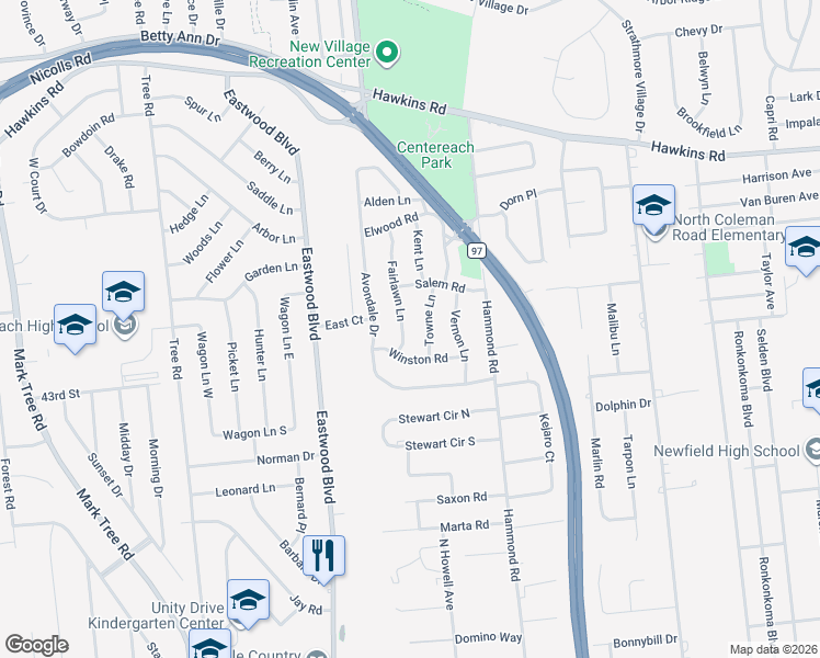 map of restaurants, bars, coffee shops, grocery stores, and more near 15 Towne Lane in Centereach