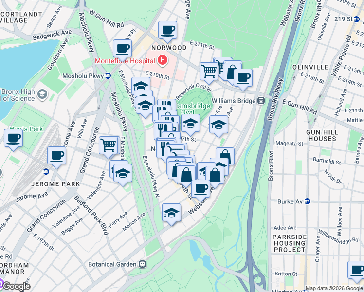 map of restaurants, bars, coffee shops, grocery stores, and more near 315 East 206th Street in Bronx