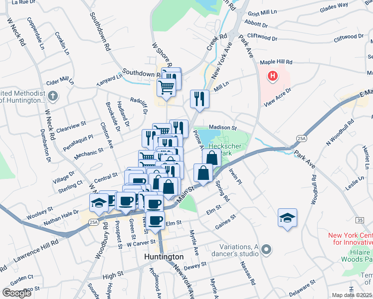 map of restaurants, bars, coffee shops, grocery stores, and more near 11 Lake Place in Huntington