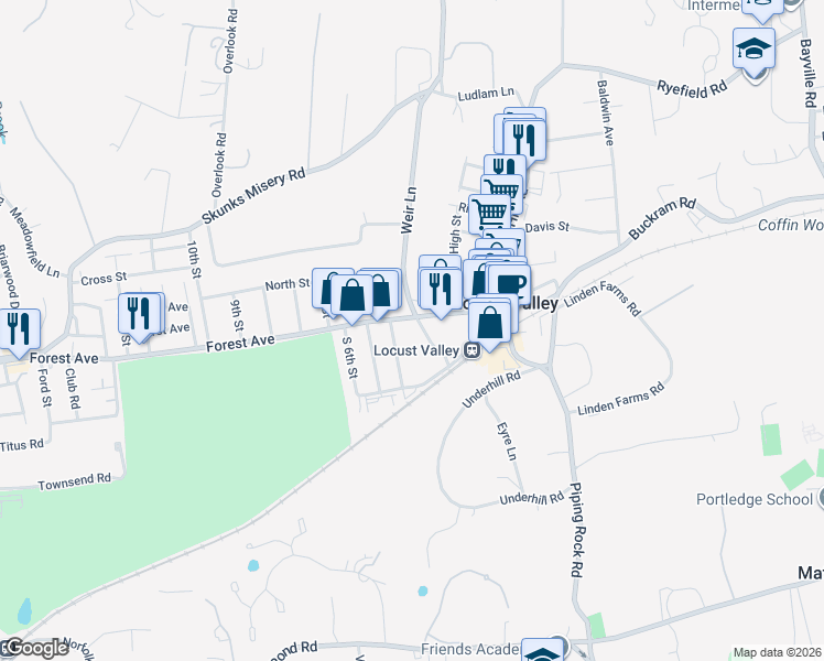 map of restaurants, bars, coffee shops, grocery stores, and more near 135 Forest Avenue in Locust Valley
