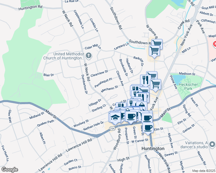 map of restaurants, bars, coffee shops, grocery stores, and more near 25 Mechanic St in Huntington