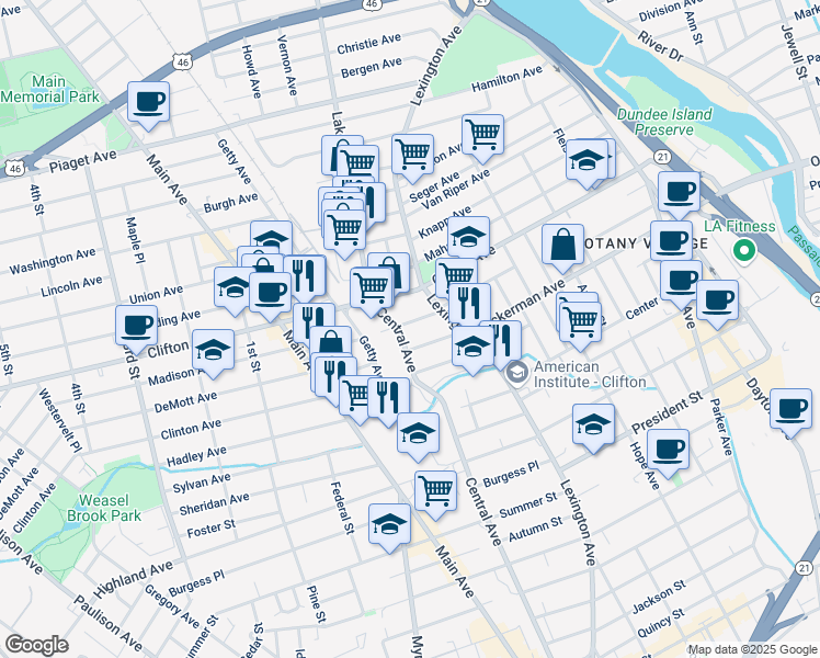 map of restaurants, bars, coffee shops, grocery stores, and more near 31 East Madison Avenue in Clifton