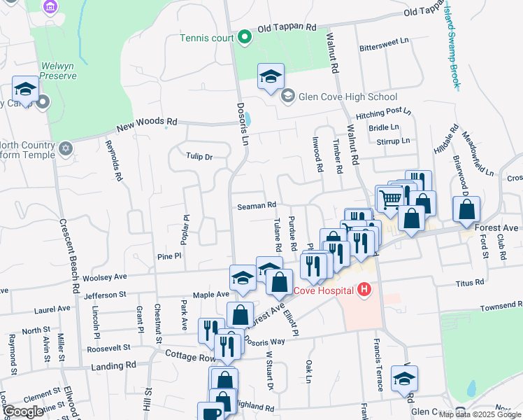 map of restaurants, bars, coffee shops, grocery stores, and more near 10 Seaman Road in Glen Cove