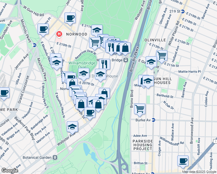 map of restaurants, bars, coffee shops, grocery stores, and more near 3249 Parkside Place in Bronx