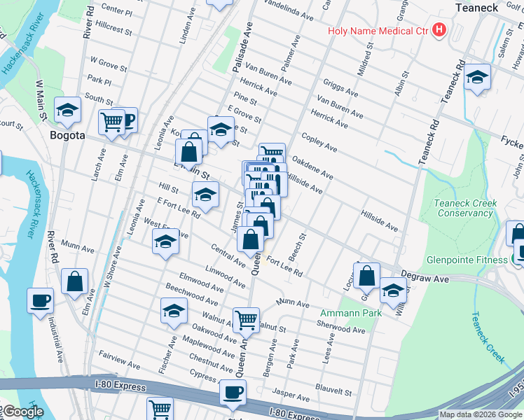 map of restaurants, bars, coffee shops, grocery stores, and more near 335 Queen Anne Road in Teaneck