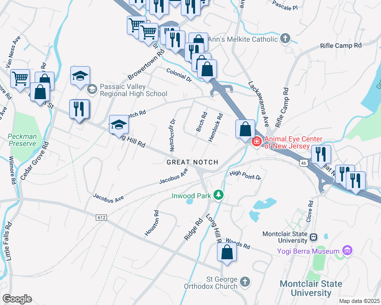 map of restaurants, bars, coffee shops, grocery stores, and more near in Little Falls Township