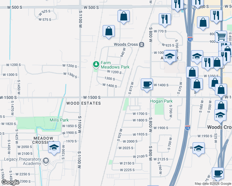map of restaurants, bars, coffee shops, grocery stores, and more near 1467 South 950 West in Woods Cross