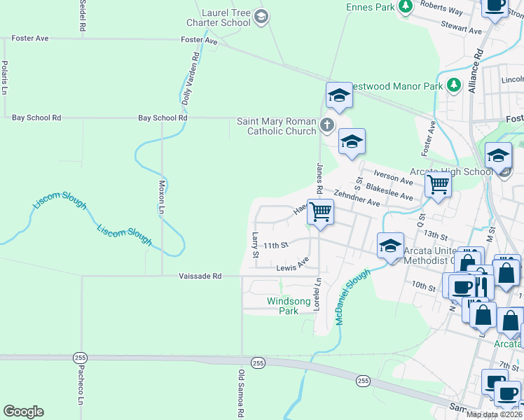 map of restaurants, bars, coffee shops, grocery stores, and more near 2102 Haeger Avenue in Arcata