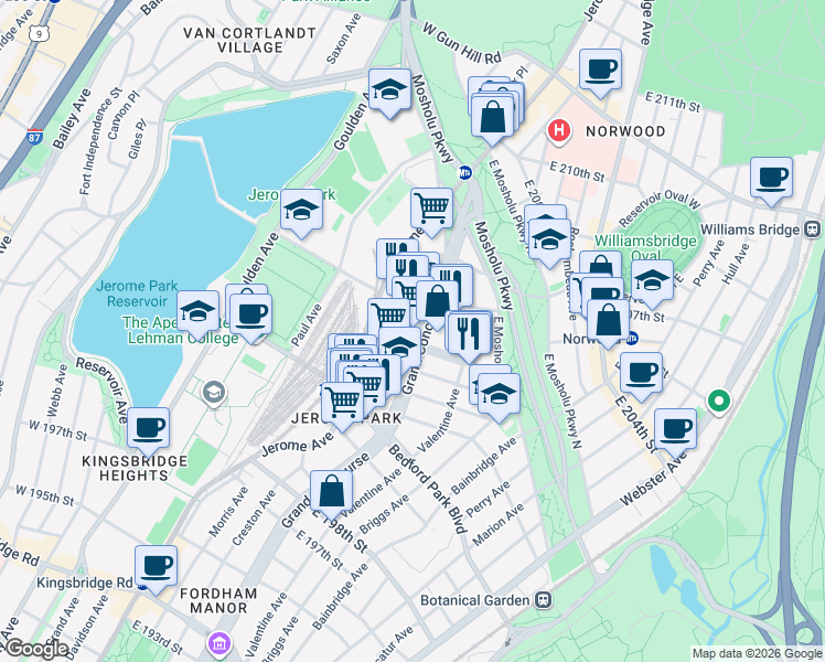 map of restaurants, bars, coffee shops, grocery stores, and more near 21 East 204th Street in Bronx