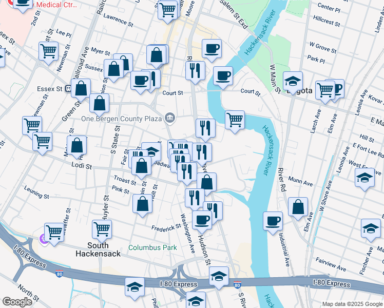 map of restaurants, bars, coffee shops, grocery stores, and more near 126 Meadow Street in Hackensack