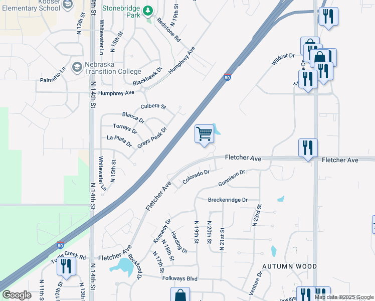 map of restaurants, bars, coffee shops, grocery stores, and more near 2080 Fletcher Avenue in Lincoln