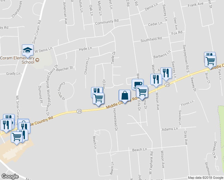 map of restaurants, bars, coffee shops, grocery stores, and more near 4 Clunan Drive in Coram
