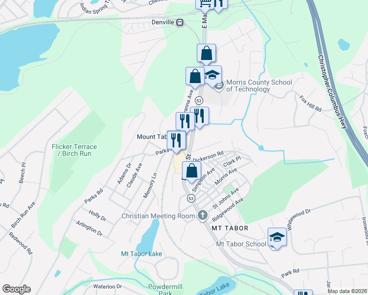 map of restaurants, bars, coffee shops, grocery stores, and more near in Denville