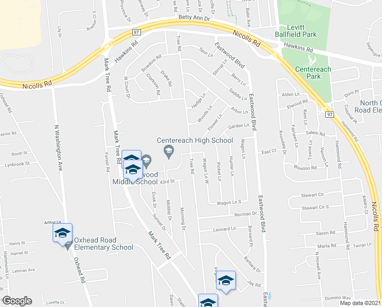 map of restaurants, bars, coffee shops, grocery stores, and more near Tree Rd & Wagon Ln W in Centereach