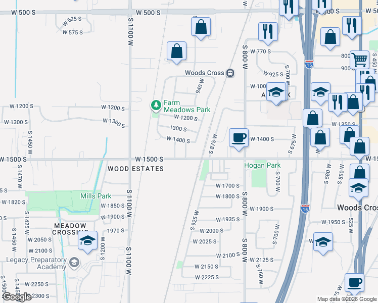 map of restaurants, bars, coffee shops, grocery stores, and more near 1467 South 950 West in Woods Cross