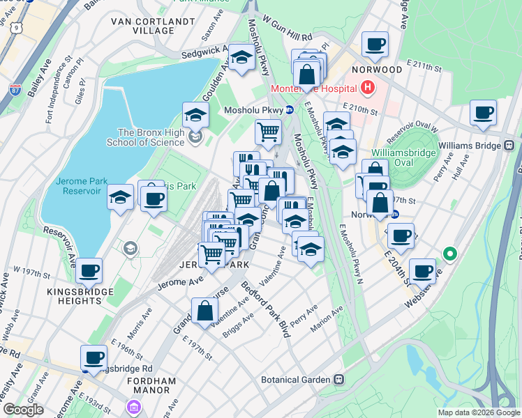 map of restaurants, bars, coffee shops, grocery stores, and more near 21 East 204th Street in Bronx