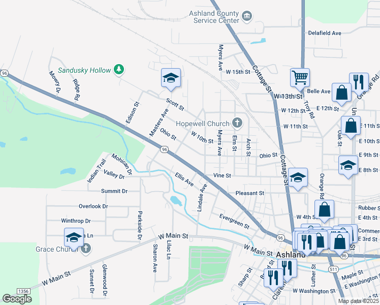 map of restaurants, bars, coffee shops, grocery stores, and more near 711 Ohio Street in Ashland