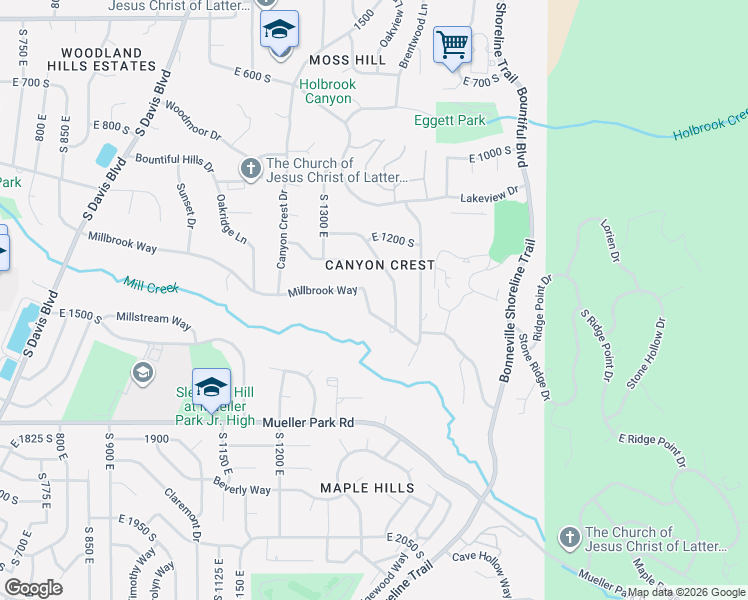 map of restaurants, bars, coffee shops, grocery stores, and more near 1390 Millbrook Way in Bountiful