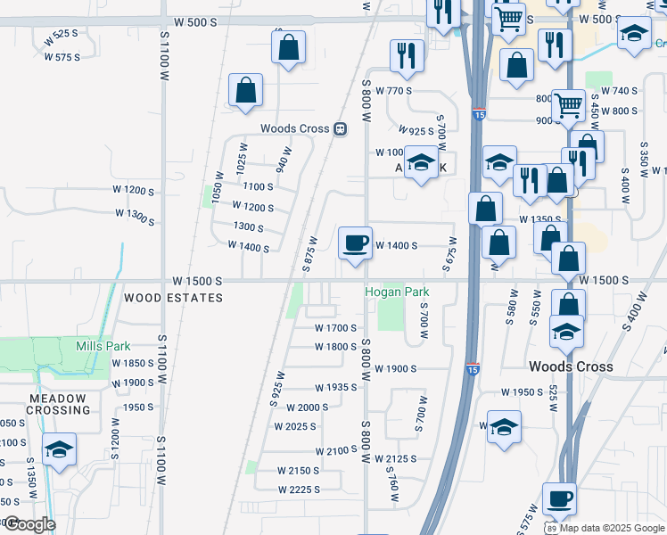 map of restaurants, bars, coffee shops, grocery stores, and more near 834 West 1500 South in Woods Cross
