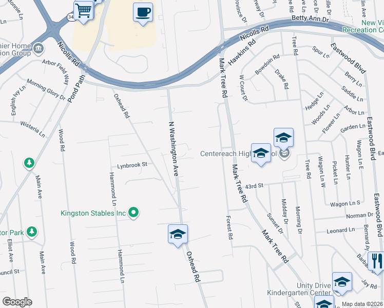 map of restaurants, bars, coffee shops, grocery stores, and more near 199 North Washington Avenue in Centereach