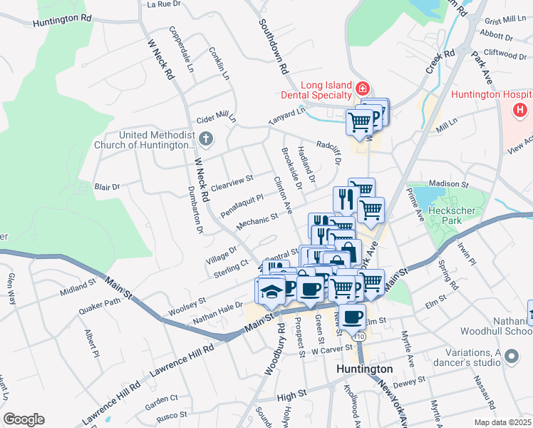 map of restaurants, bars, coffee shops, grocery stores, and more near 54 Mechanic Street in Huntington