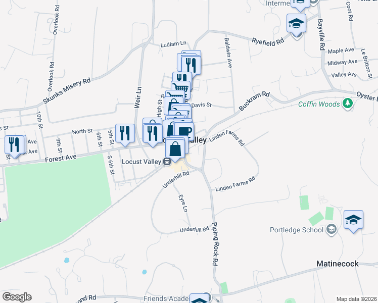 map of restaurants, bars, coffee shops, grocery stores, and more near 8 Tunnel Street in Locust Valley