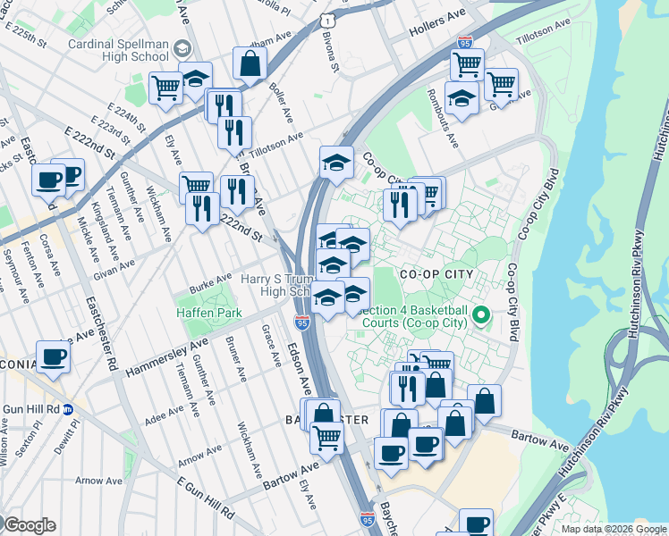 map of restaurants, bars, coffee shops, grocery stores, and more near 850 Baychester Avenue in The Bronx